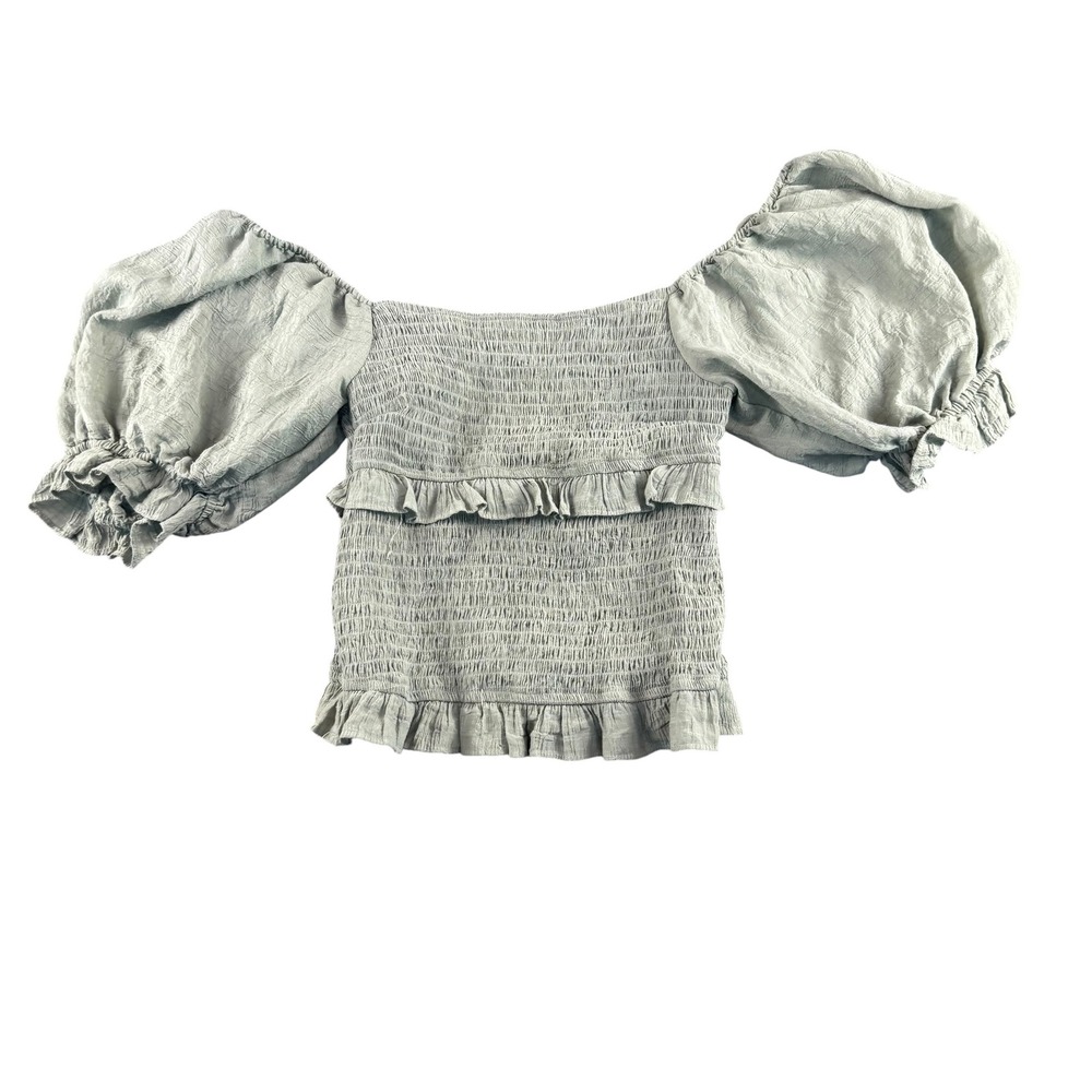 Mustard Seed Sage Green Smocked Puff Sleeve Ruffle Crop Top Small